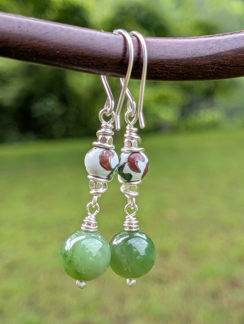 Artisan Jade Earrings-Natural Gemstone and Vintage Cloisonne In Sterling Silver - Picture 3 of 14